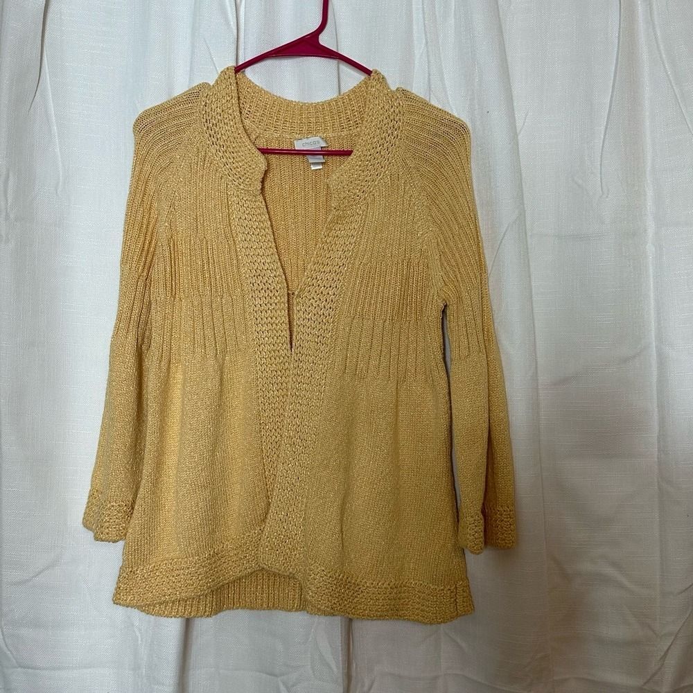 Chico's Woman's long sleeve front hook  knit Yellow cardigan sweater Size Small